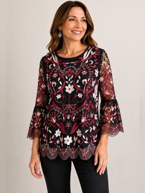 Alfani Embroidered Tunic Top Mesh Overlay Bell Sleeve Boho Floral Medium Petite
